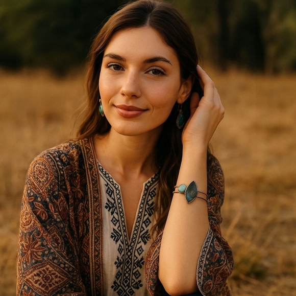 ๐๏ธBoho Chic Labradorite & Amazonite Antique Bronze Cuff Bracelet | Artisan Gems - Picture 6 of 13